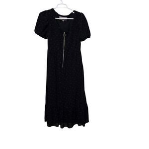 Jessakae Black Blue Floral Midi Dress Women's Small Ruffle Hem Short Sleeve Zip